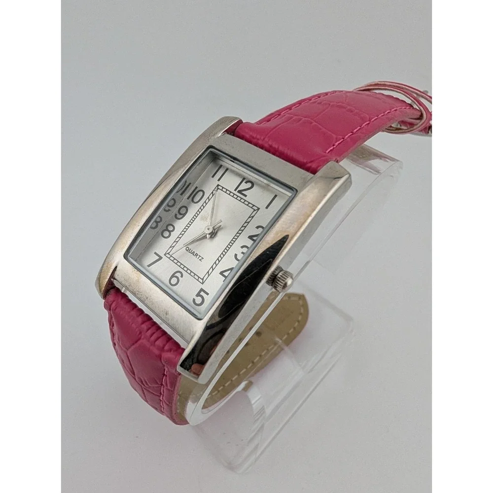 Women's Tank Watch 26mm‎ Silver Case Pink Faux Leather Band- New Battery